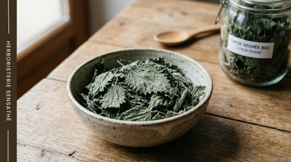 Feuilles d’ortie séchées en coupelle avec bocal en verre, source naturelle de fer végétal - Herboristerie Sensathé